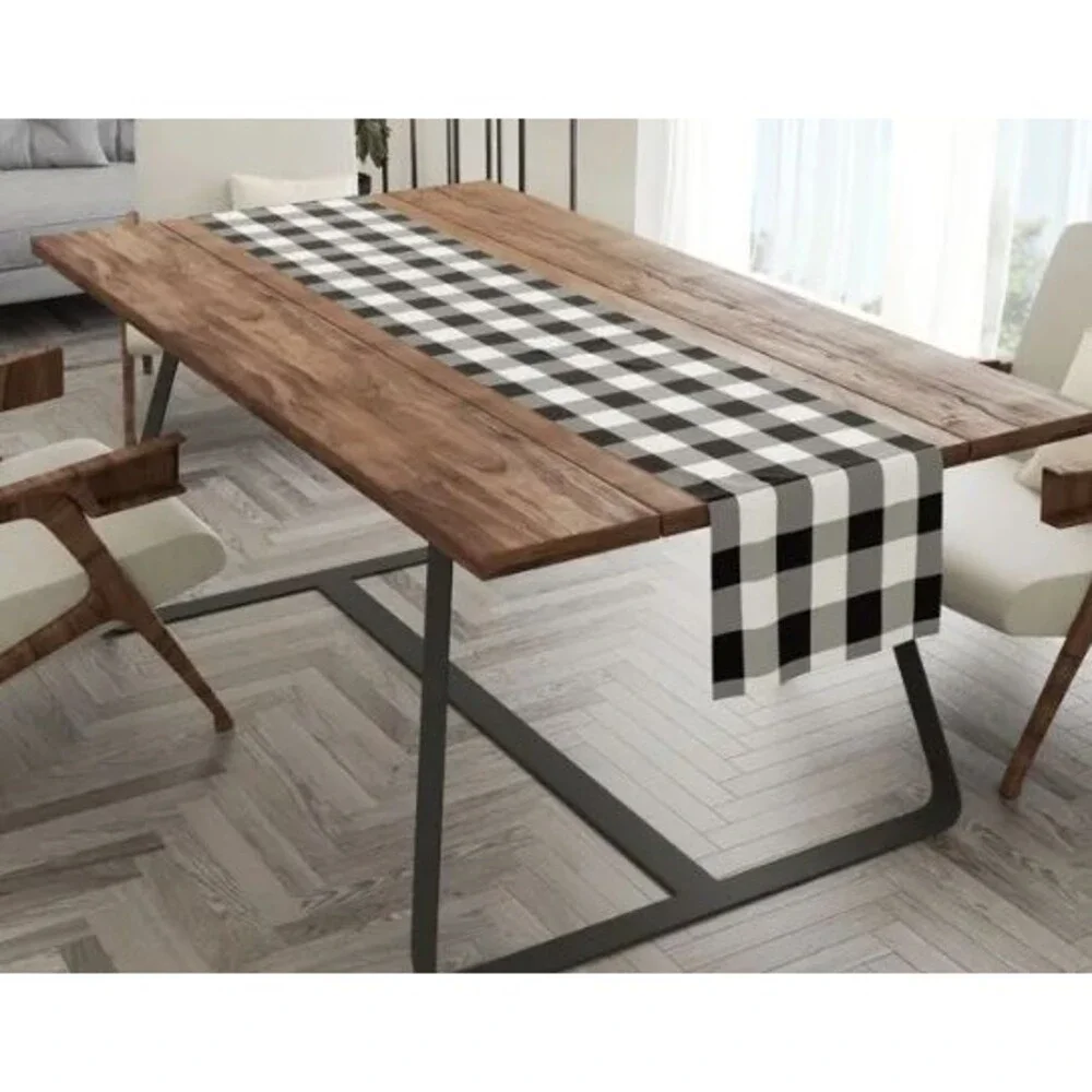 Table Runner 13x72in Black, White & Gray Check Country Farmhouse Polyester NEW